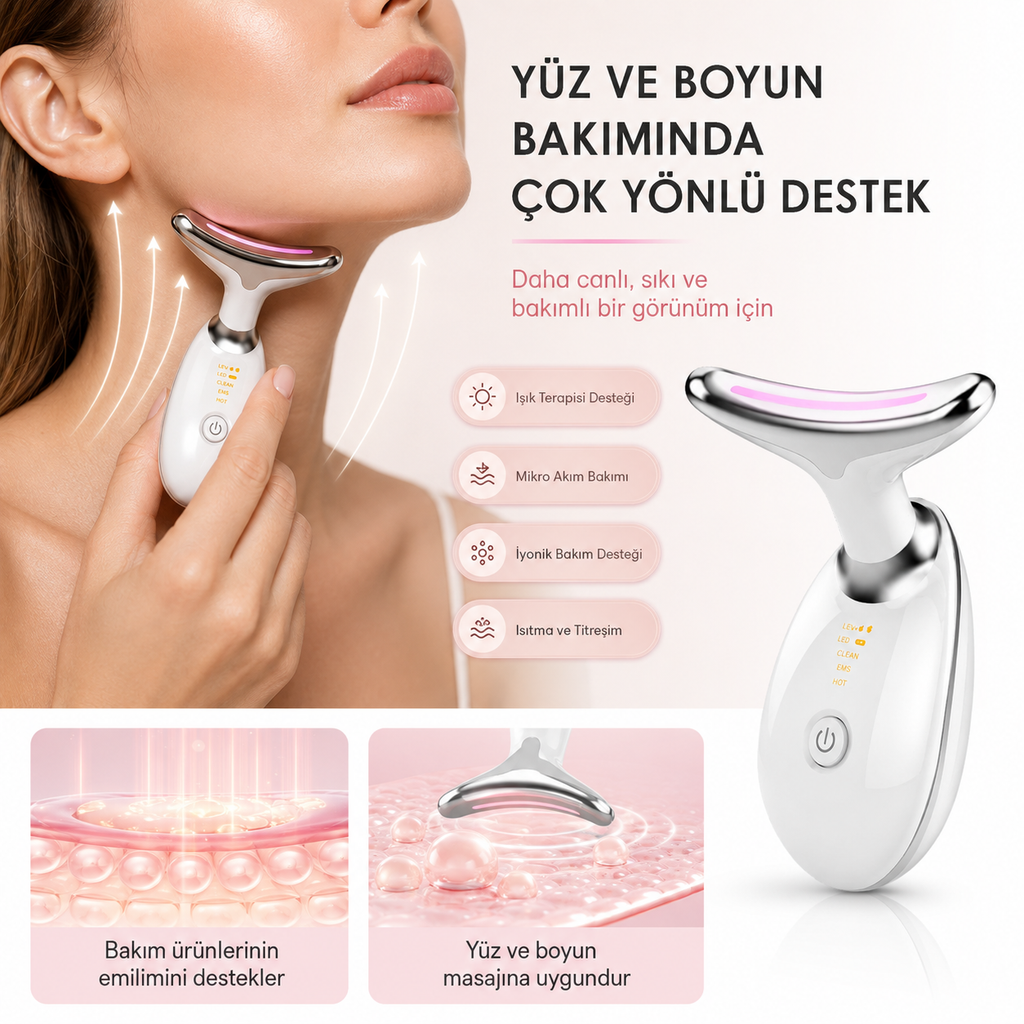 Işık Terapili EMS Yüz ve Boyun Masaj Aleti – Isıtma ve Titreşimli