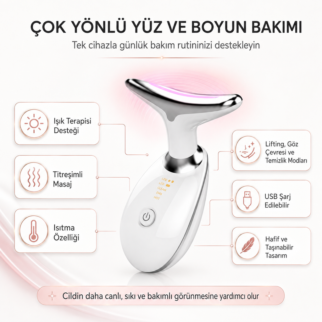 Işık Terapili EMS Yüz ve Boyun Masaj Aleti – Isıtma ve Titreşimli